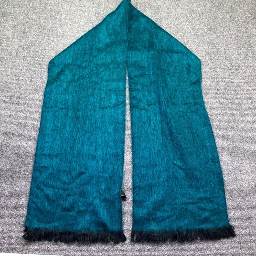 Shupaca Alpaca Blend Scarf Teal Blue Black Handmade Ecuador Fringed Fuzzy